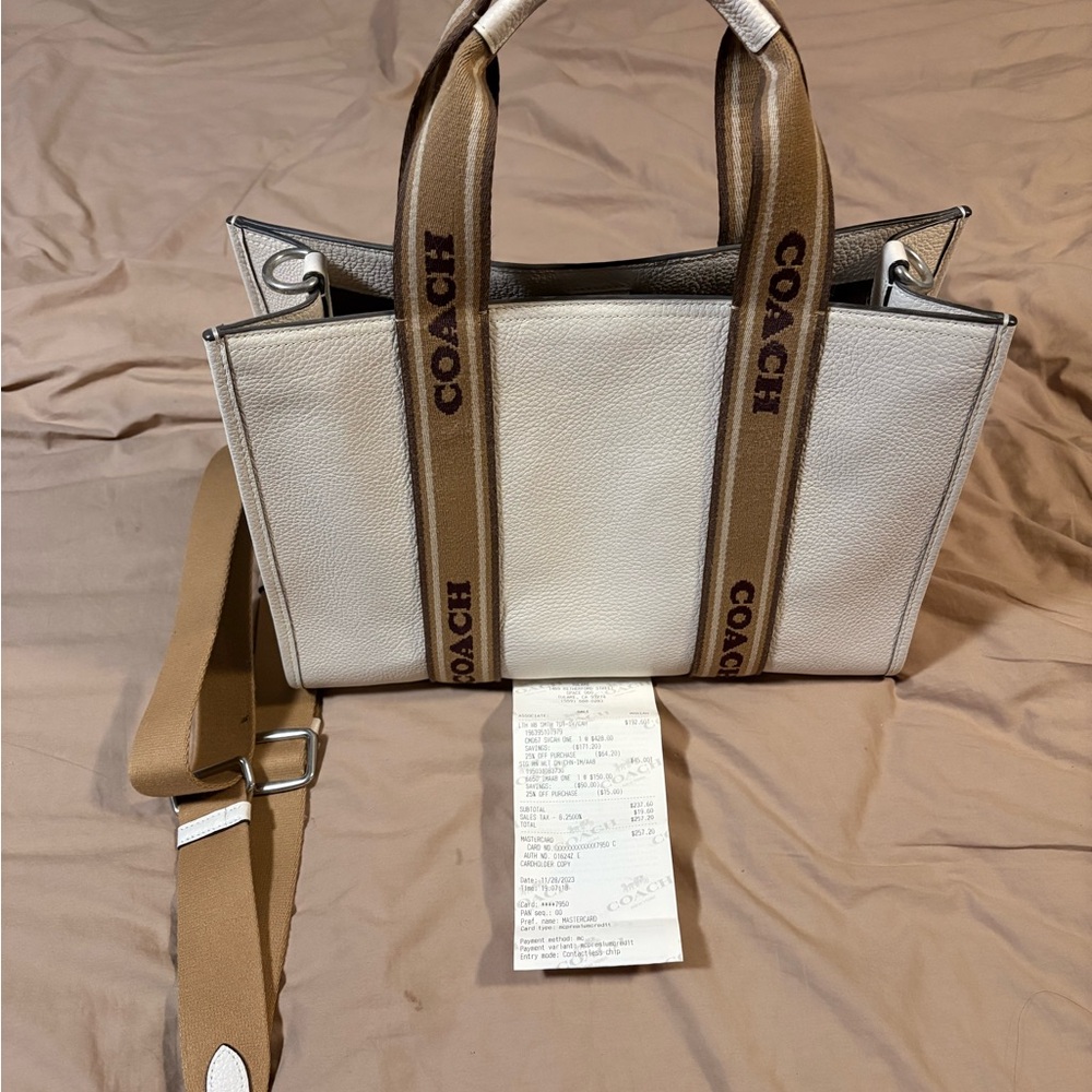 Coach Cream Leather Tote with Tan Branded Webbing - Picture 4 of 6